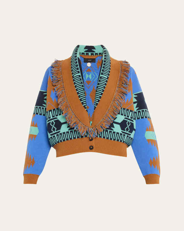 Icon Jacquard Fringe Wool Cashmere Bomber Cardigan